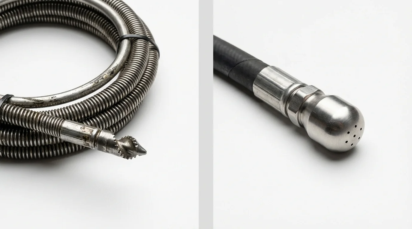 Drain snake cable and hydro jetting nozzle used for drain cleaning in Sebastian, TX