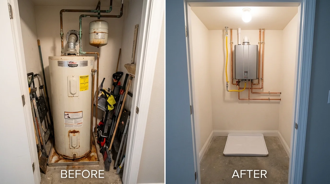 Tank water heater versus wall-mounted tankless unit comparison for Sebastian, TX homeowners