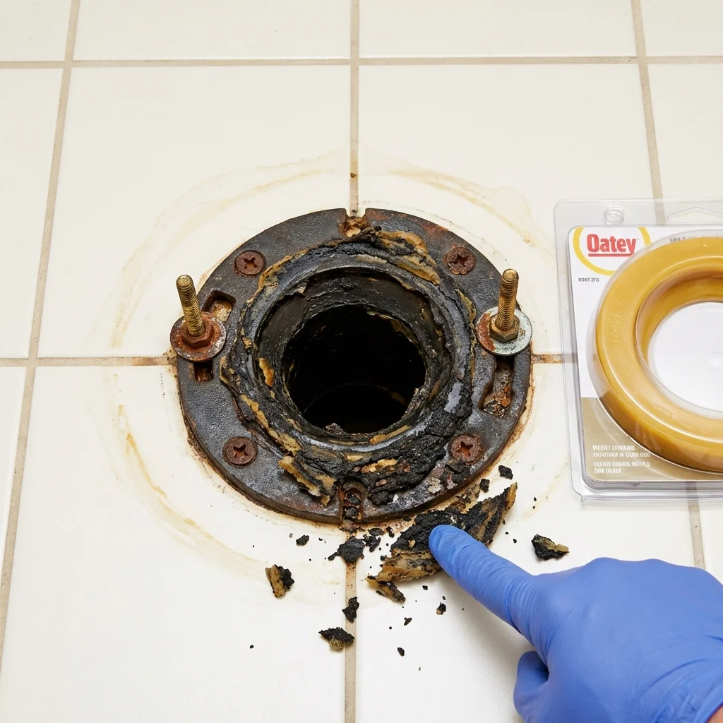Failed wax ring showing water seepage at the base of a toilet in a Sebastian, TX home