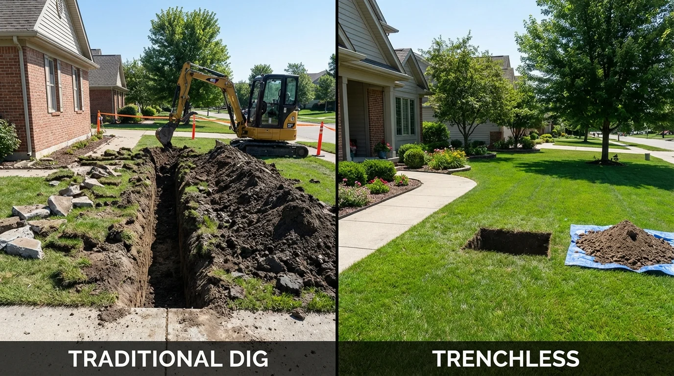 Trenchless sewer repair with minimal yard damage versus traditional excavation in Sebastian, TX
